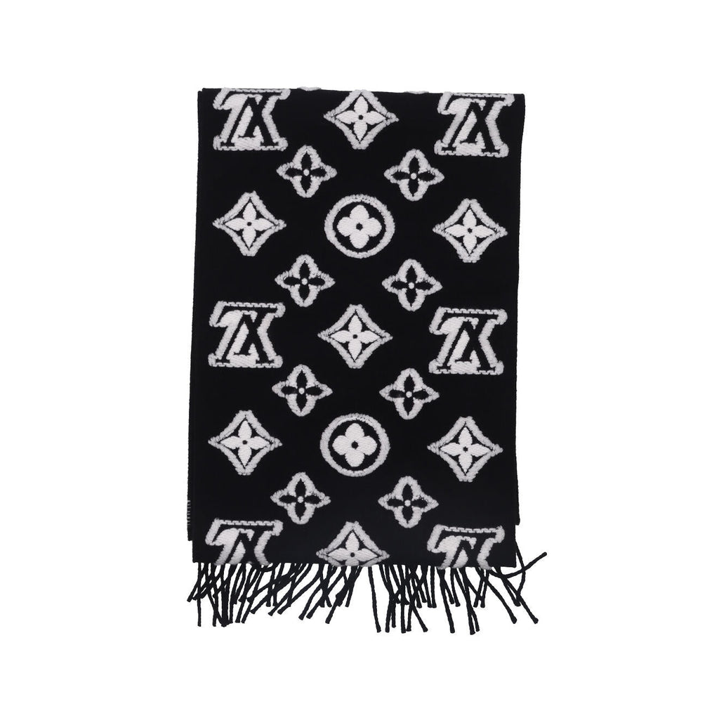 Black and white geometric pattern knitted scarf, fringed edge thermal shawl