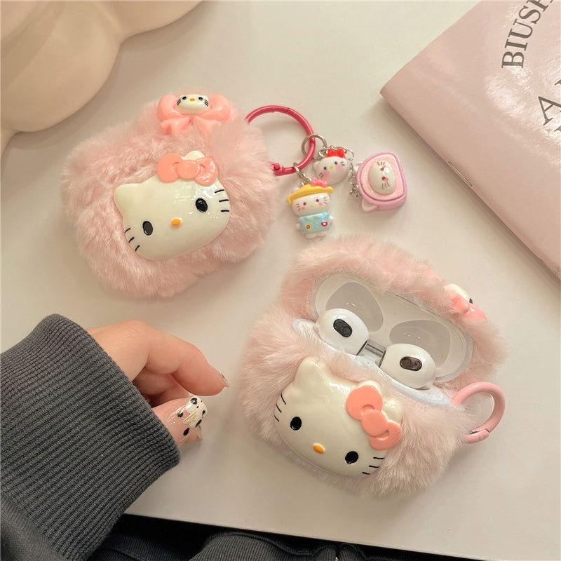 Plush Cute Cartoon Kitty AirPods Case Cover with Keychain Loop