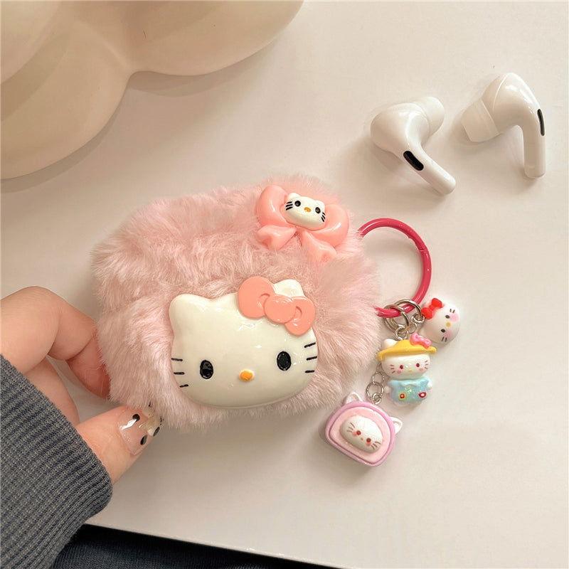 Plush Cute Cartoon Kitty AirPods Case Cover with Keychain Loop